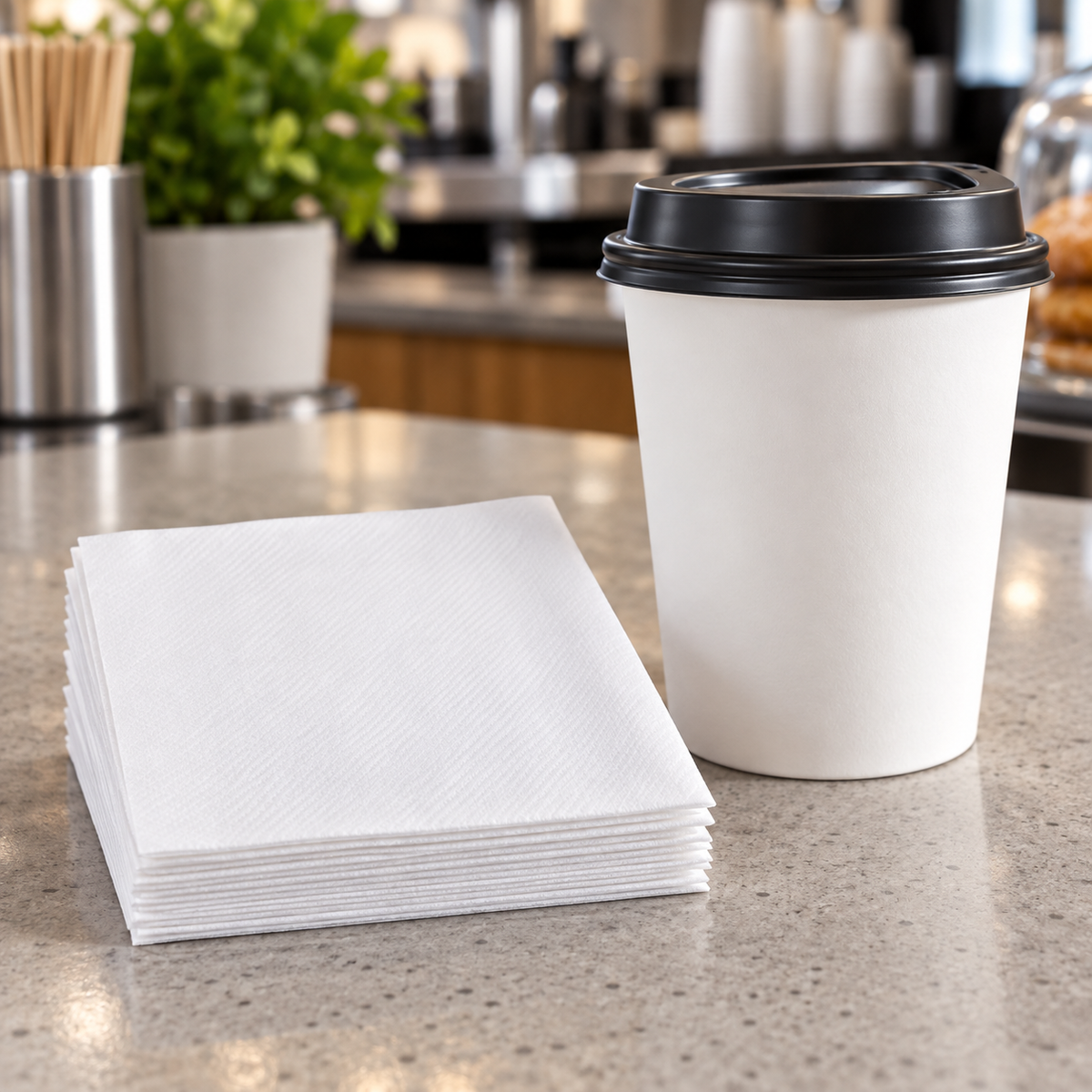 AI-assisted cafe counter scene with Right Choice beverage napkins beside a takeaway cup; cup not included