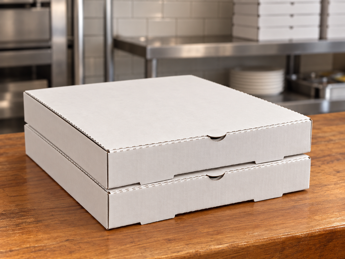 RiteBox PB1010 white 10 inch pizza boxes stacked at a restaurant pickup counter; AI-assisted setting