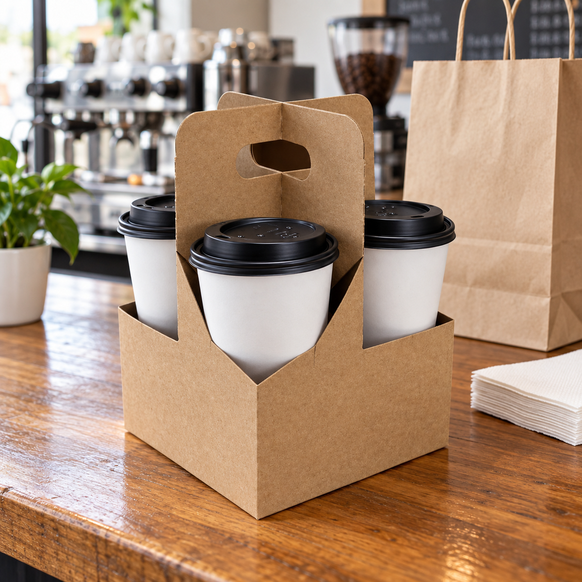 Sabert 29530 four-cup paperboard carrier ready for cafe pickup; cups, lids and bag not included.