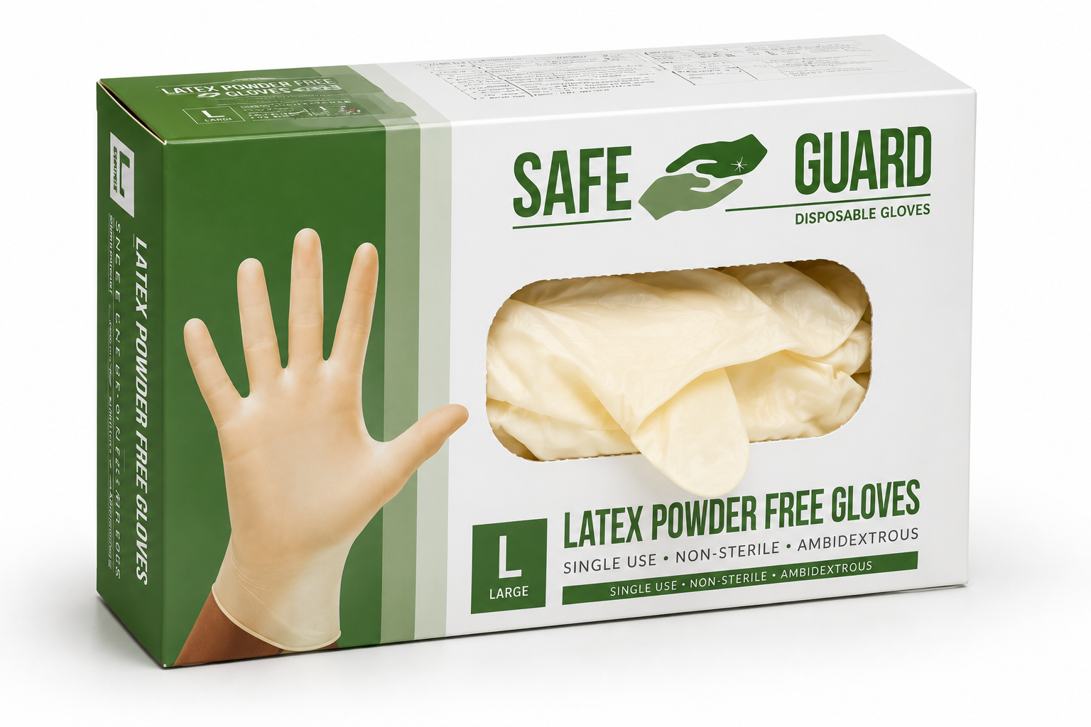 Safe Guard LGPPFG latex powder-free disposable gloves dispenser box with gloves visible