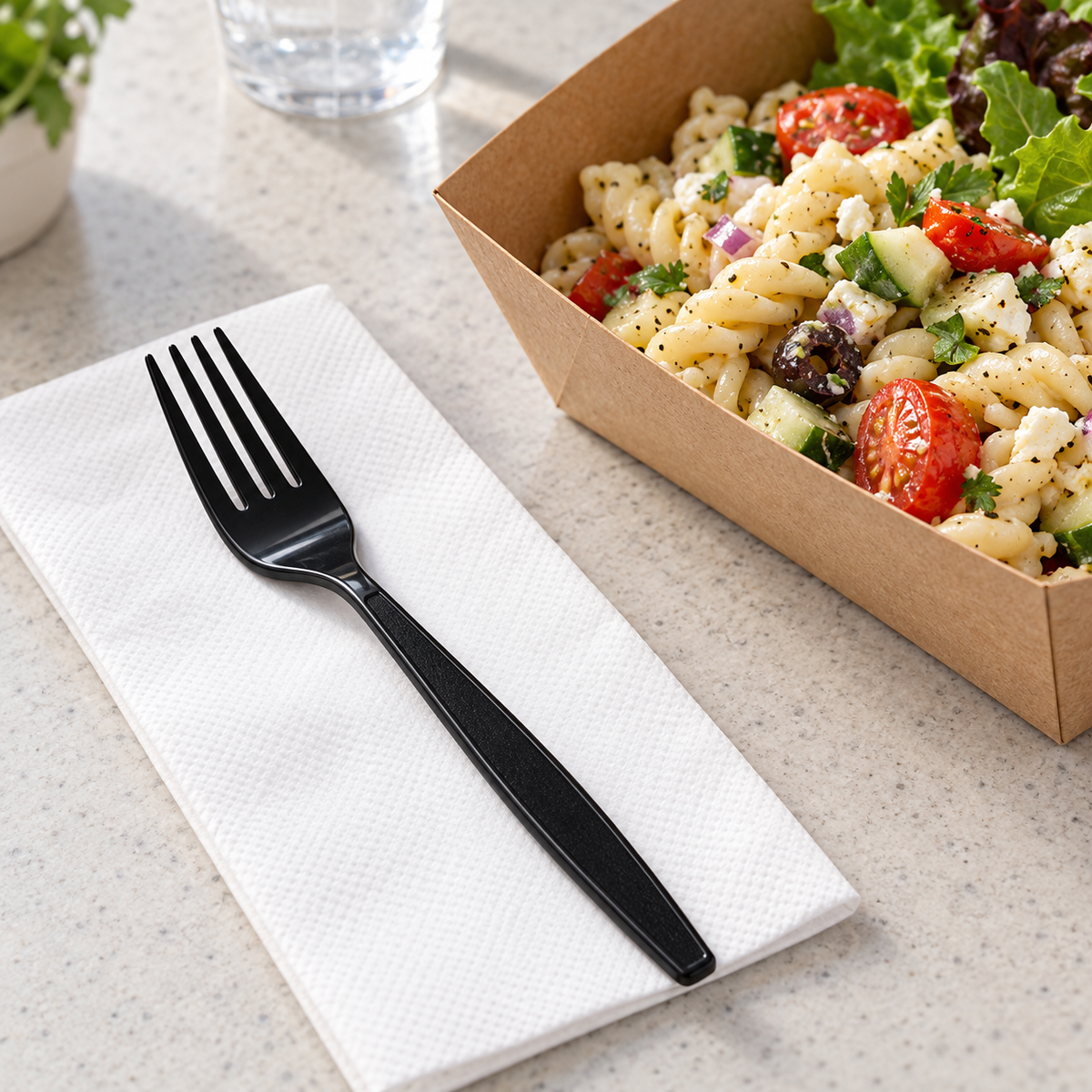 Sleek heavyweight black PP fork shown beside a takeout pasta salad and dinner napkin