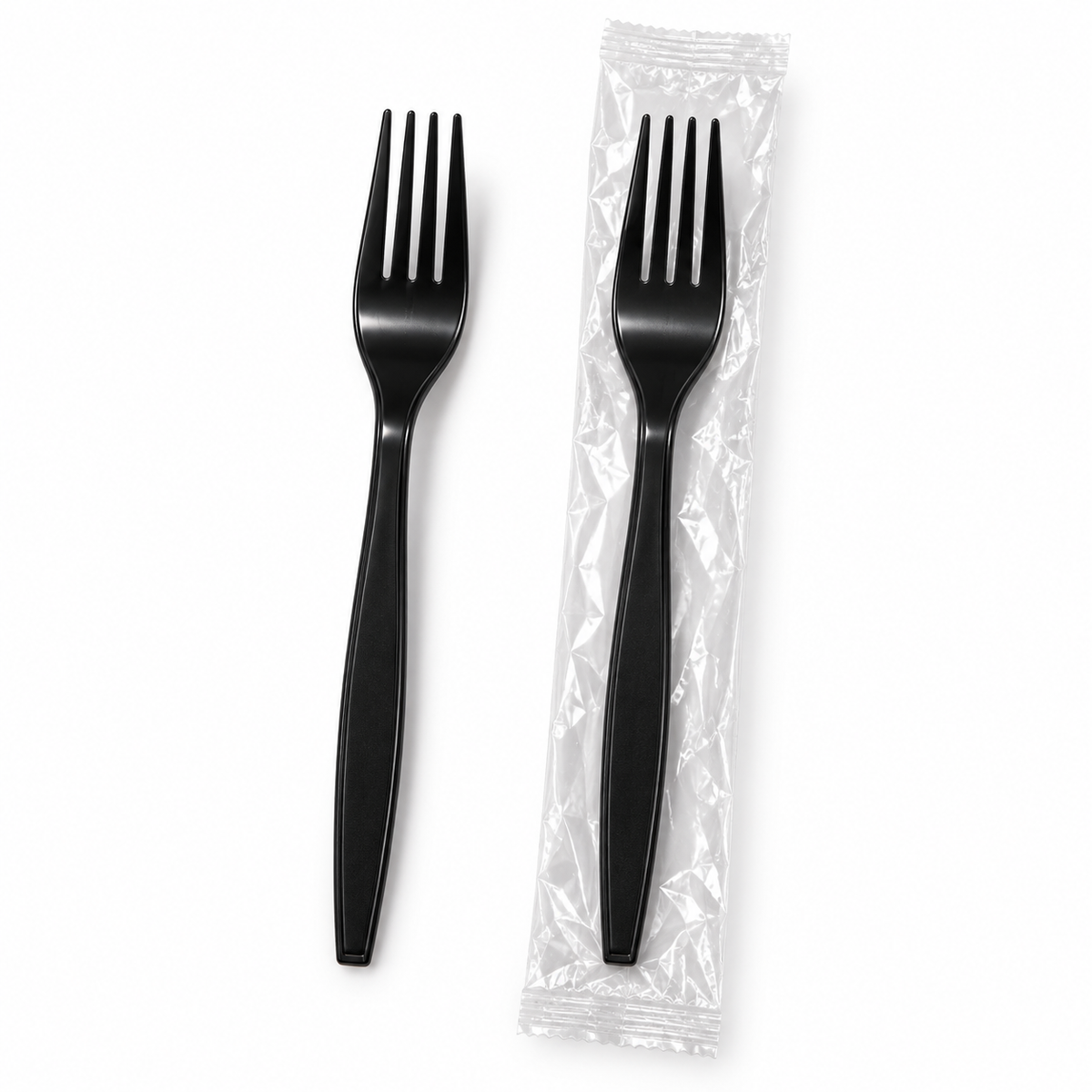 Sleek by Crystalware heavyweight black PP forks, one unwrapped and one individually wrapped, 1,000 per case