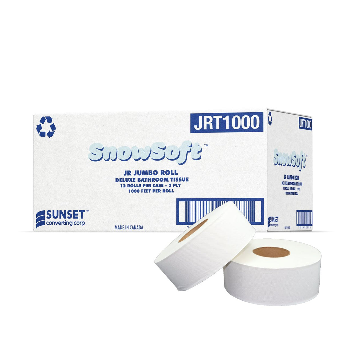 SnowSoft JRT1000 white 2-ply jumbo bathroom tissue rolls and carton, 12 rolls of 1,000 feet