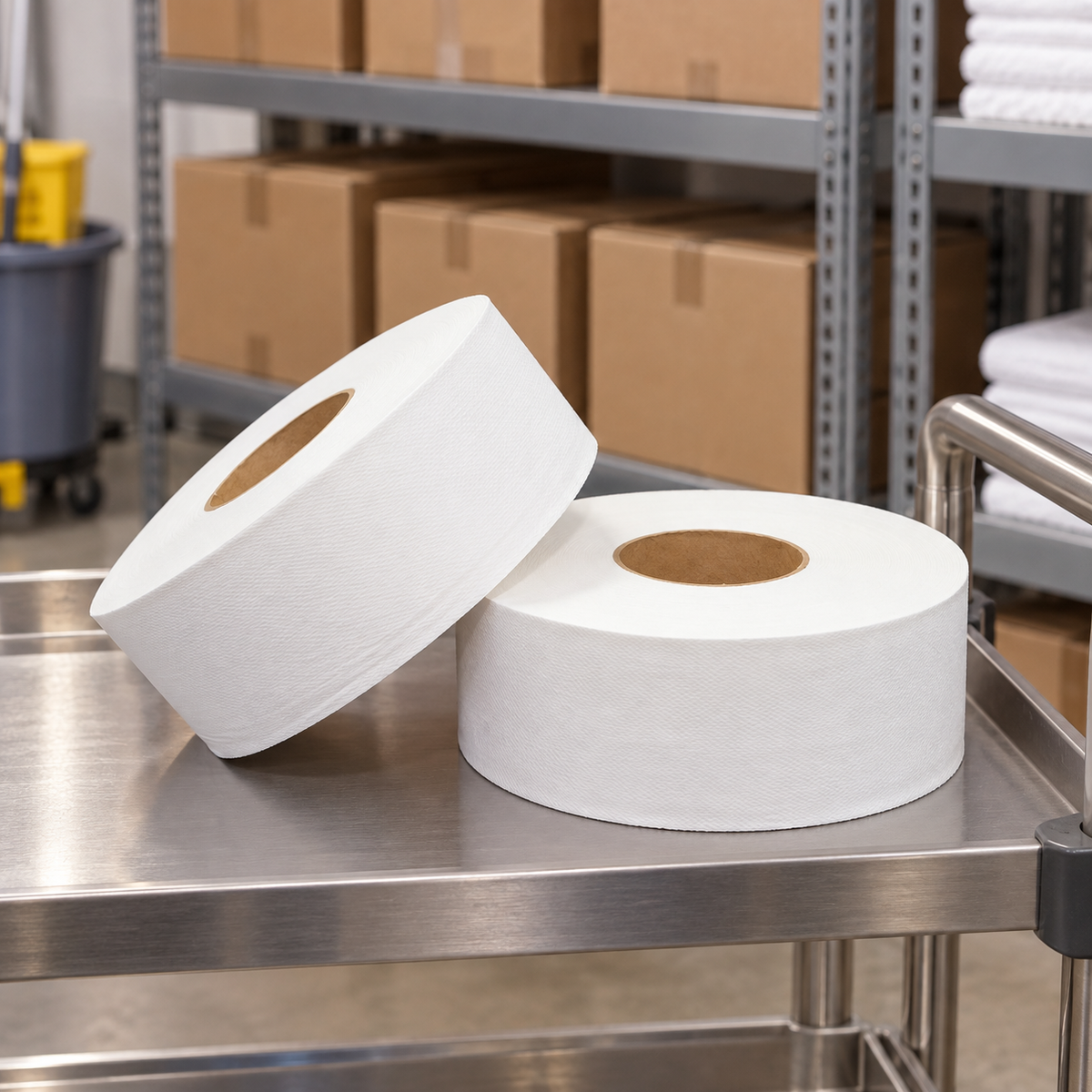 SnowSoft JRT1000 white jumbo tissue rolls prepared for commercial restroom restocking