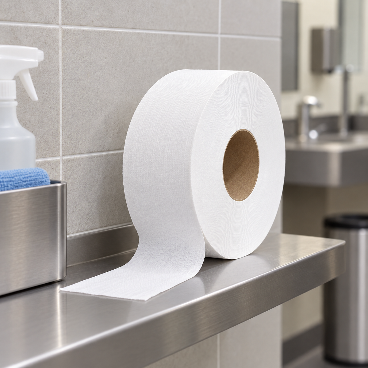 SnowSoft JRT1000 jumbo tissue roll with a short length of paper extended