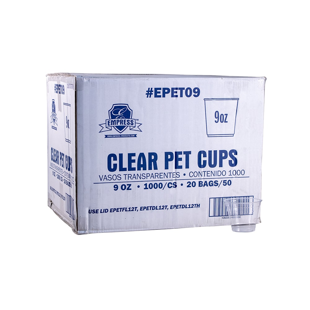 Empress EPET09 case marked 9 oz clear PET cups, 1,000 count, 20 bags of 50