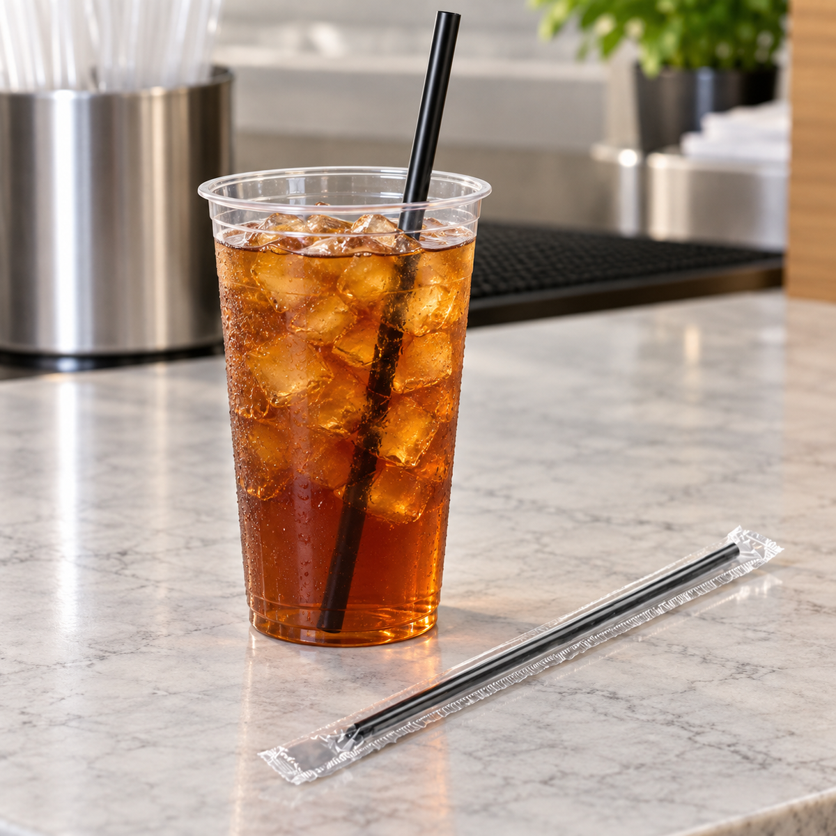 Value Source 10.25-inch black straw with illustrative iced tea; cup and drink not included