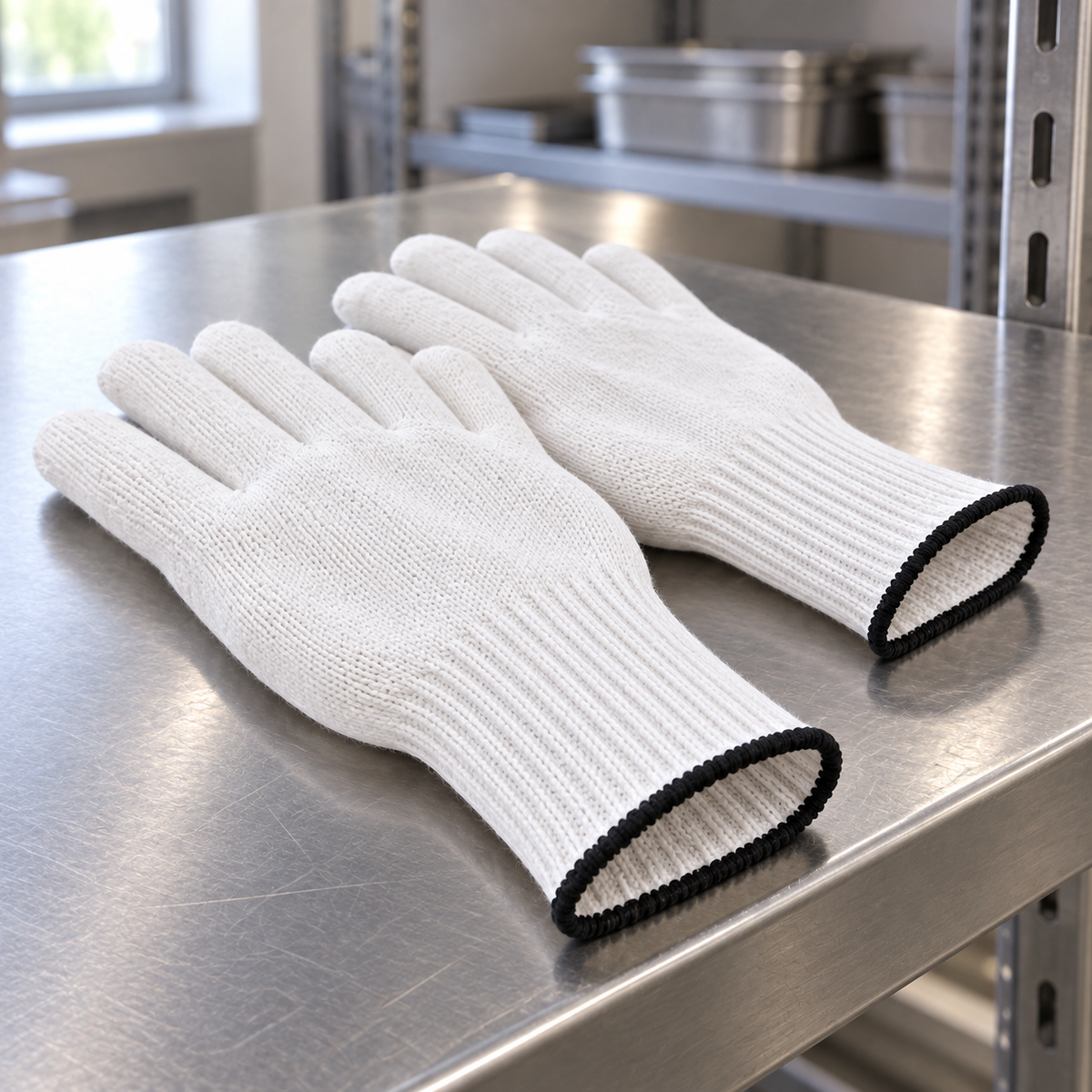 Wees Express white cotton butcher gloves on a stainless supply shelf showing ribbed cuffs and black edge stitching