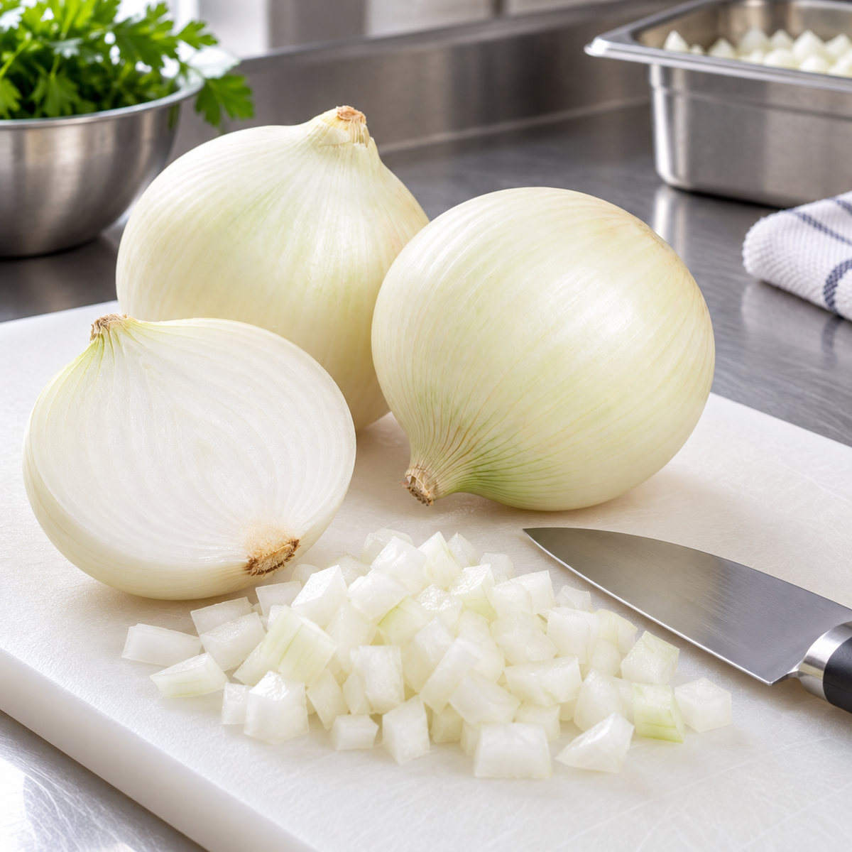 Whole, halved and diced white onions on a cutting board in a commercial kitchen