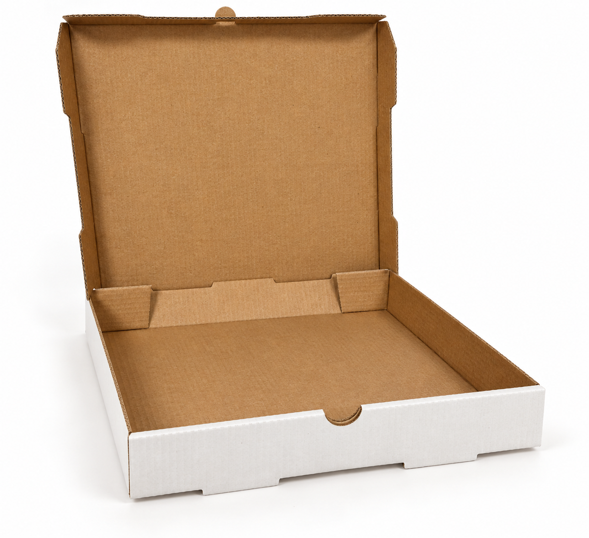 14-inch white B-flute pizza box with open lid showing the kraft interior, 50 per case
