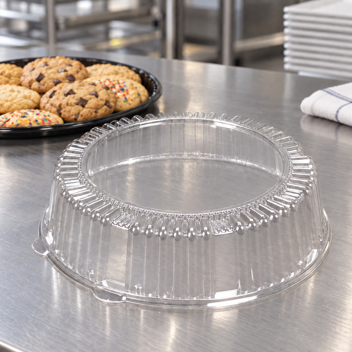 WNA A12PETDM dome lid beside a cookie platter at a commercial packing station