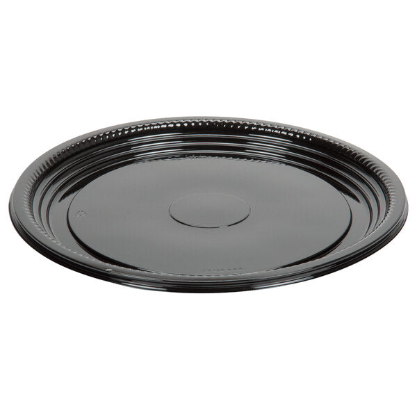 WNA A512PBL black PET catering tray showing the shallow raised rim and 12-inch round shape