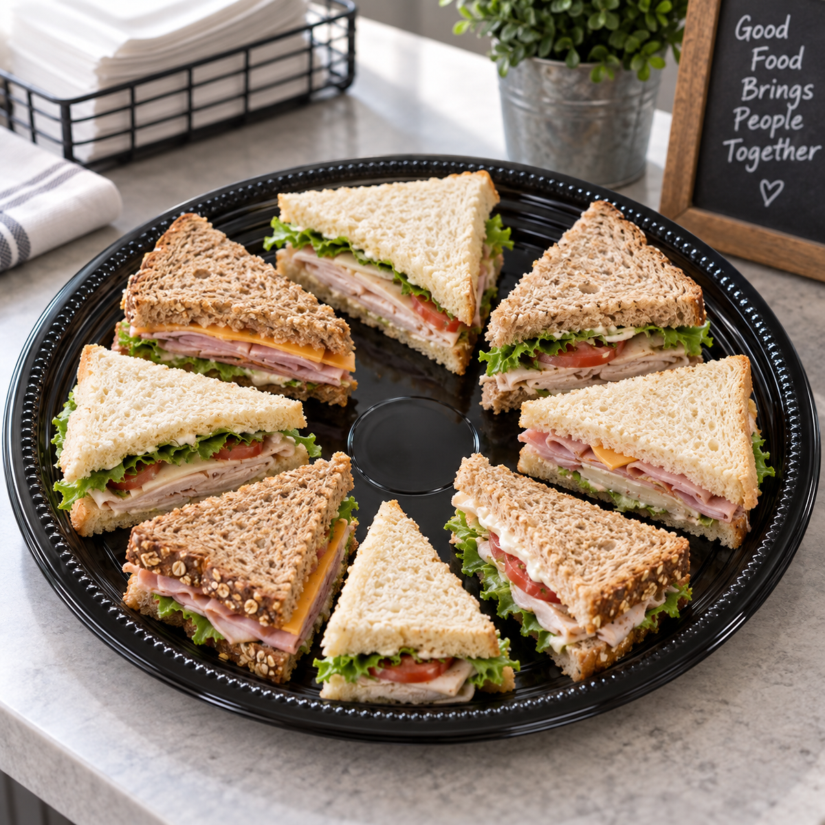 Sandwich serving idea on a WNA A512PBL 12-inch black catering tray; food not included