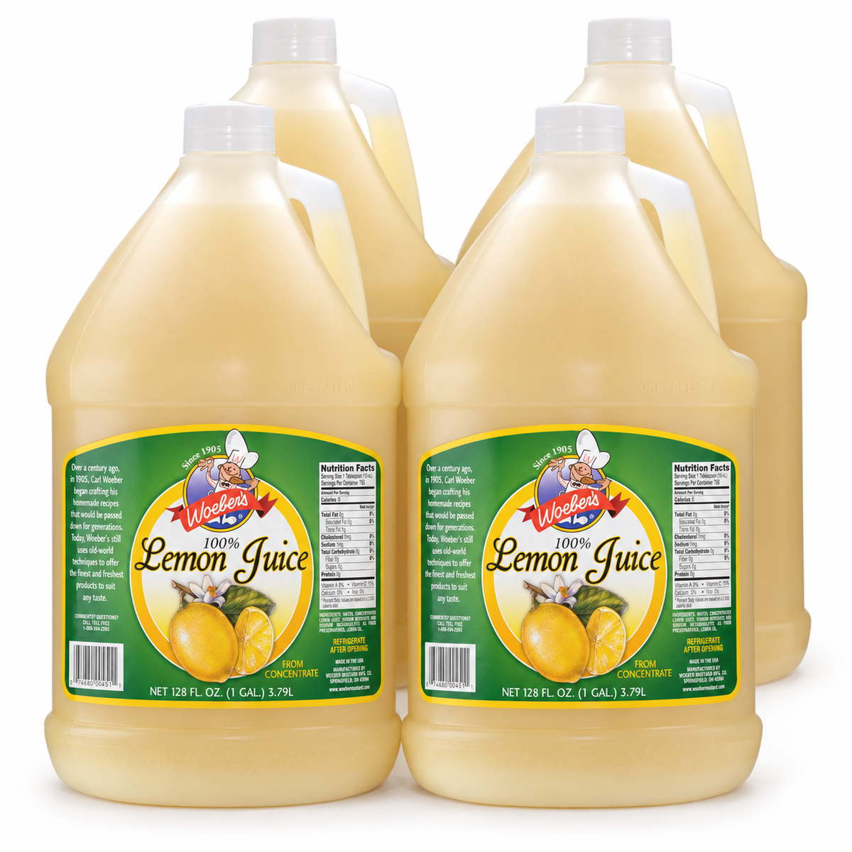 Four Woeber's 1-gallon plastic lemon juice bottles representing the 4-gallon case pack