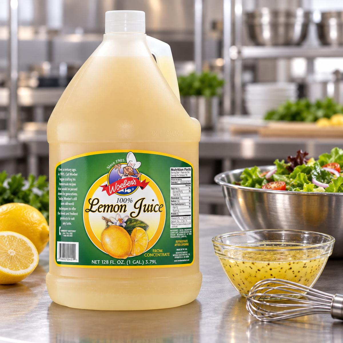 Woeber's 1-gallon lemon juice on a restaurant prep counter with vinaigrette and salad; serving suggestion