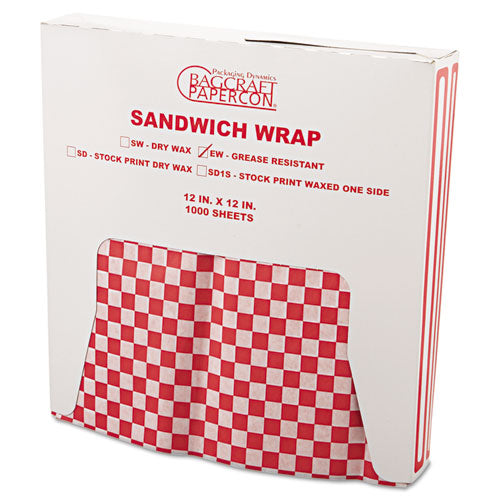 Grease-Resistant Paper Wraps and Liners, 12 x 12, Red Check, 1000/Box, 5 Boxes/Carton