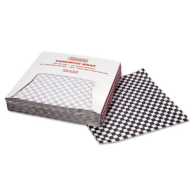 Grease-Resistant Paper Wraps and Liners, 12 x 12, Black Check, 1650/Box, 5 Boxes/Carton