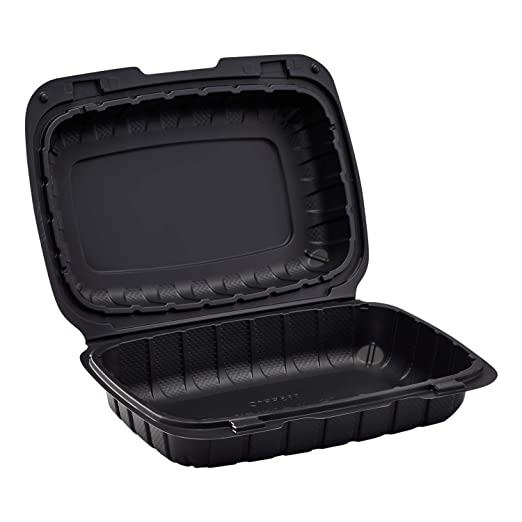 9x6x3 Black Mineral Filled Food Containers, Hinged-Lid, 150/Case