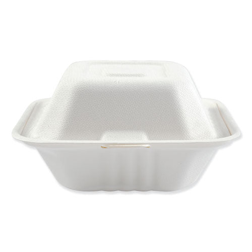 6x6x3 Bagasse Molded Fiber Food Containers, Hinged-Lid, 1-Compartment, White, 500/case