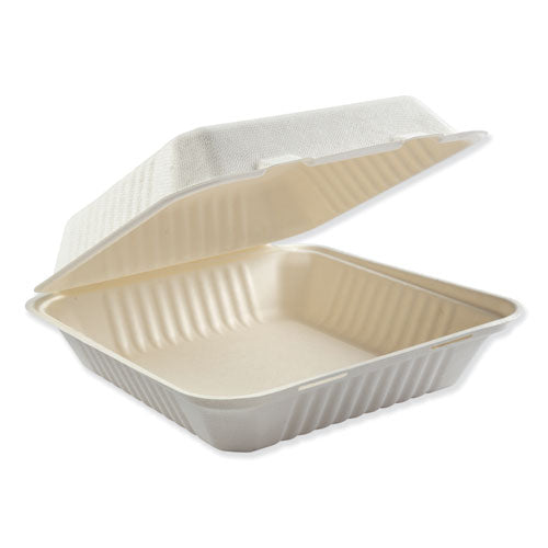 9x9x3 Bagasse Molded Fiber Food Containers, Hinged-Lid, 1-Compartment, White, 100/Sleeve, 2 Sleeves/Carton